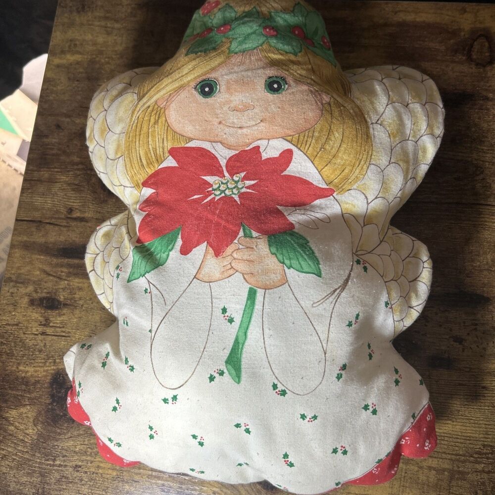 Vintage Hand Made Christmas Angel Pillow Plush Blonde Hair Green Eyes 70’s Vibes - Picture 2 of 10